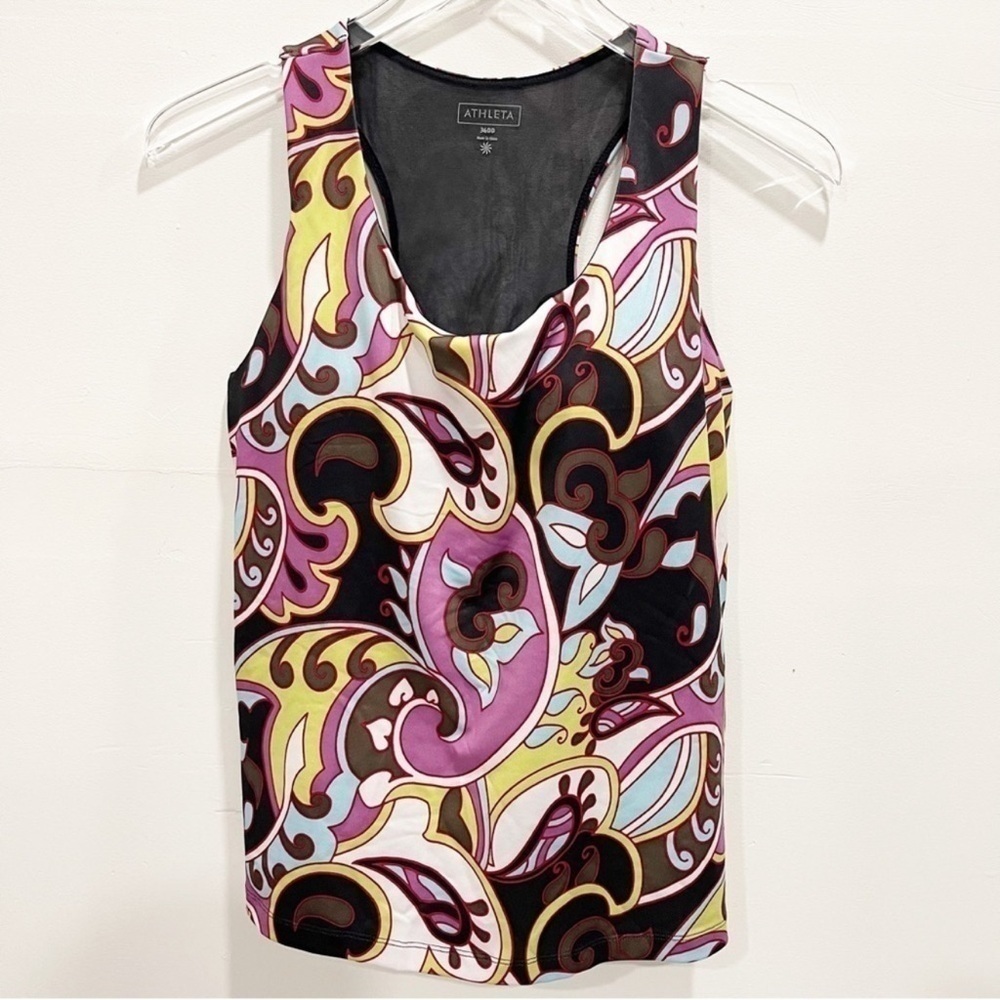 Athleta Colorful Paisley Print Racerback Tank Top Size 36DD Built-In Bra Swim